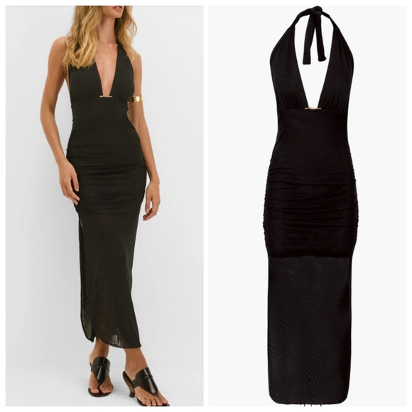 Caroline Constas Other - New Caroline Constas Salma Halter Gold Plated Detail Black Cover-Up Dress Large